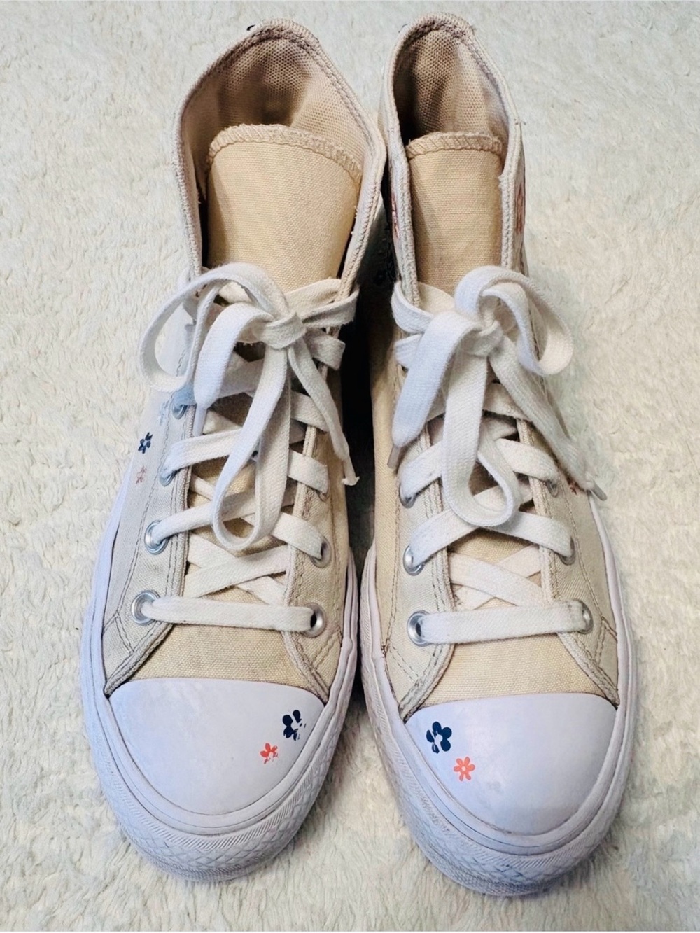 Converse Beige Canvas High-Top Sneakers with Small Floral Details W 8/M6.
